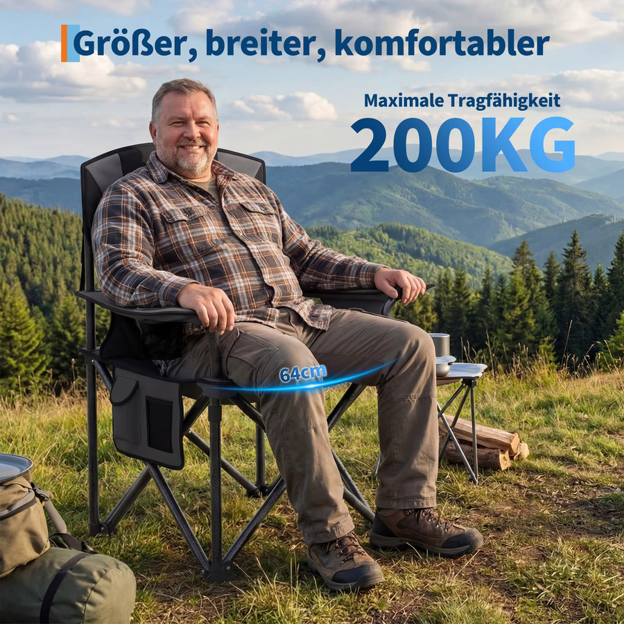 HiMISS Klappbarer Campingstuhl in Grau mit hochgepolsterter Rückenlehne und Getränkehalter, Breite: 64 cm, Tragkraft 200 kg - Bild 4