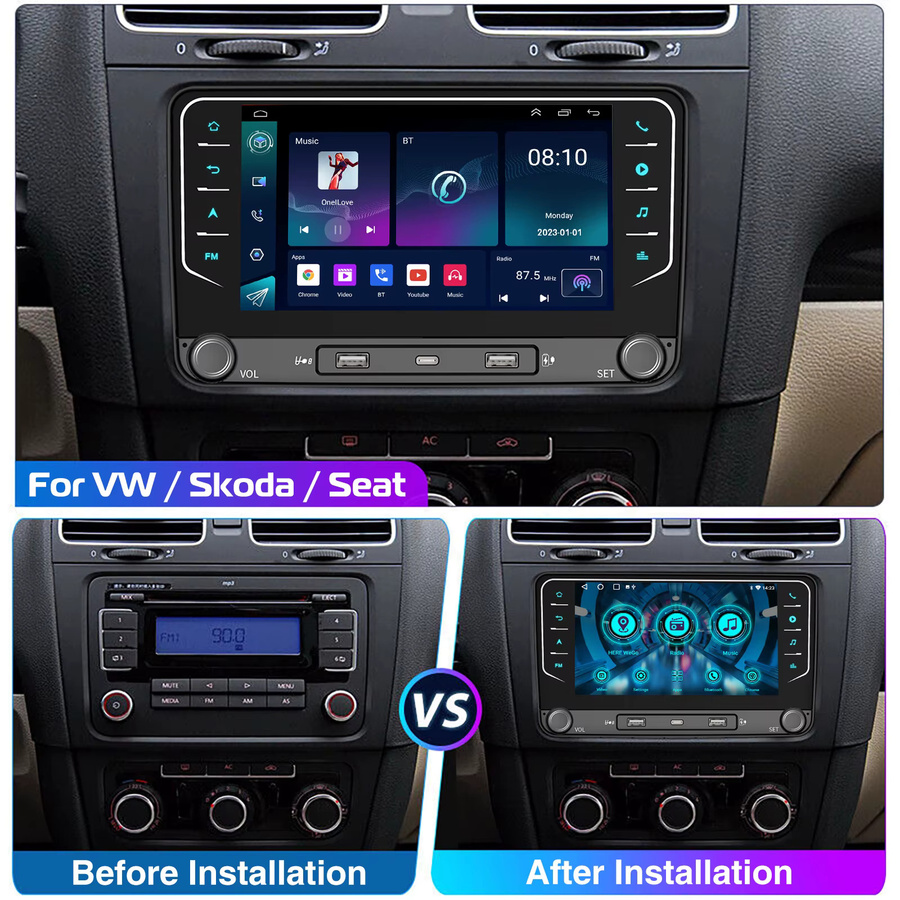 ESSGOO Android 14 Auto Stereo Radio mit 7 Zoll Display, 4 GB RAM + 64 GB Speicher, Carplay, GPS, Bluetooth und WiFi für VW Golf 5 6 Plus, Touran, Caddy, Jetta, Passat, Polo, T5, Rabbit in Schwarz - Bild 2
