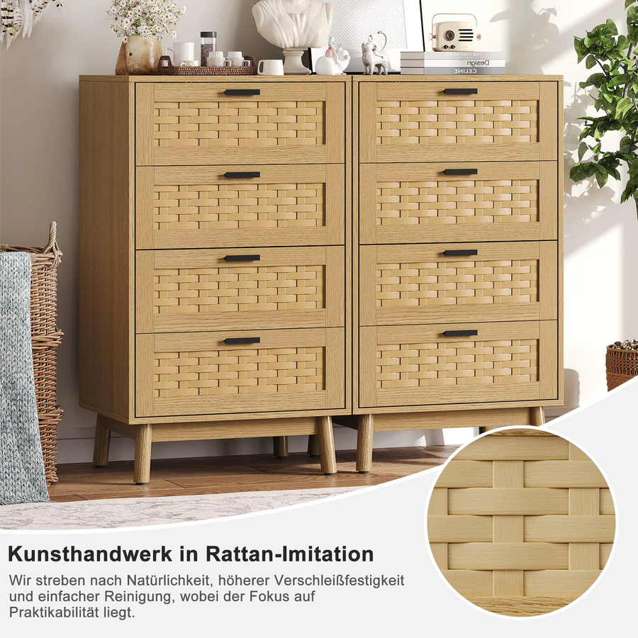 HYNHXBP Vier-Schubladen-Kommode aus Holz mit Rattan-Optik und Gummibaumholzbeinen in Beige - Bild 4