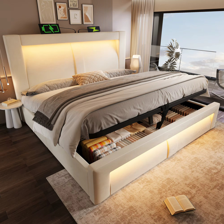 KOMHTOM Samt Doppelbett Beige mit hydraulischem Stauraum, LED Beleuchtung, USB und Type C Anschlüssen, B/T/H: 90 x 200 cm - Bild 3