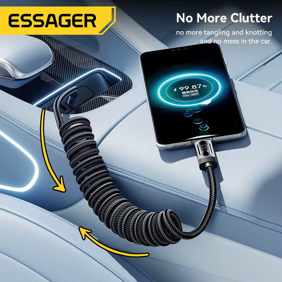 Essager 100 W Auto-Feder-Typ-C-Kabel für schnelles Aufladen von iPhone, Xiaomi, Samsung, MacBook und iPad in Schwarz oder Grau - Bild 6