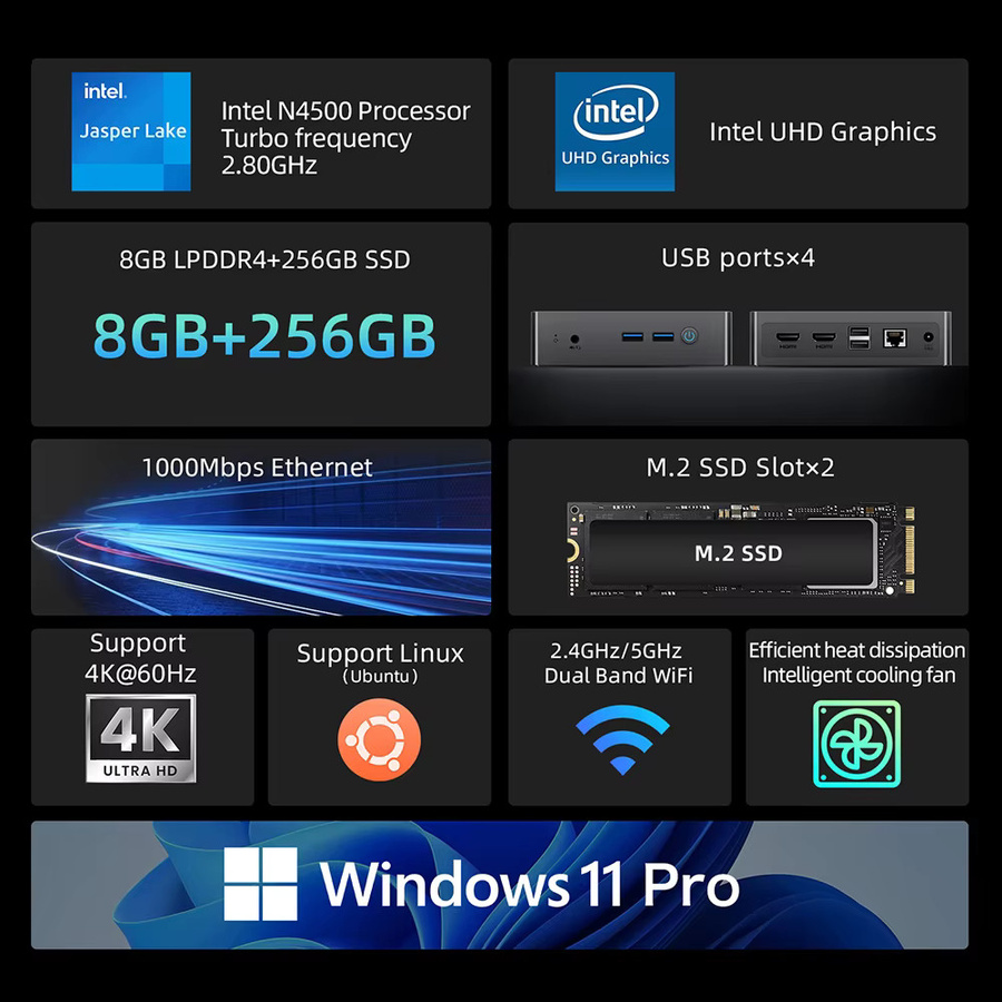 BMAX B3 Pro Mini-PC mit Windows 11, Intel N4500 Prozessor, 8GB RAM, 256GB SSD, HDMI, USB und Wi-Fi in Schwarz - Bild 2