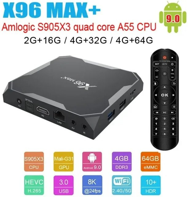 Alasicka X96 MAX PLUS Android 9.0 TV Box mit Amlogic S905X3 Prozessor, 4GB RAM und 64GB Speicher, 8K Video Player mit Wifi und Netflix Unterstützung, Schwarz - Bild 1