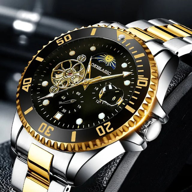 AOKULASIC Armbanduhr Automatik, Mondphase, Edelstahl, Schwarz, Herren - Bild 1