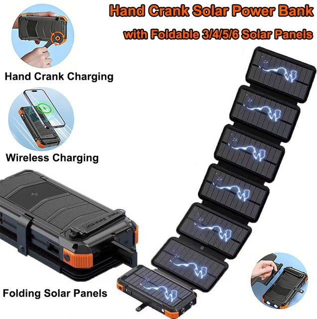Solar-Powerbank 20000 mAh mit Handkurbel und faltbarem Solarpanel, kabelloses Ladegerät inklusive Kabel in Schwarz - Bild 1
