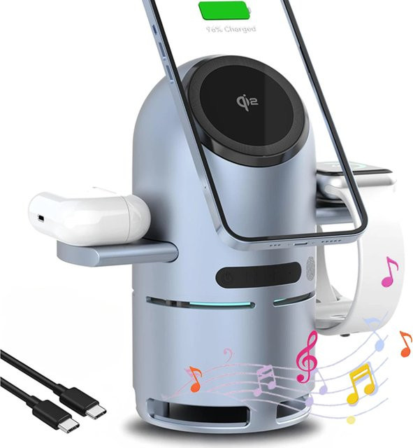 Opansten Bluetooth-Lautsprecher und magnetische kabellose Ladestation mit automatischer Drehung für iPhone, Apple Watch und AirPods in Silber - Bild 1