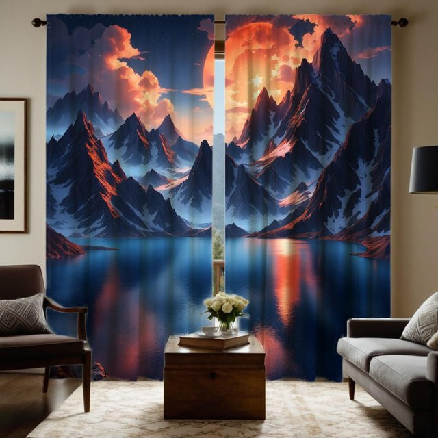 2er-Set dekorative Vorhänge mit Sonnenuntergang und Küstenmotiv in Blau und Grau, digital bedruckt, B: 132 cm, H: 160 cm - Bild 1
