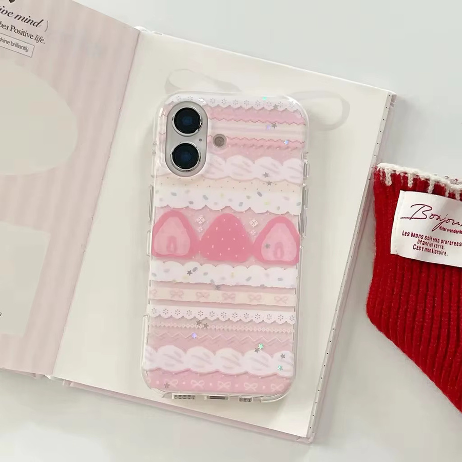 Erdbeer-Kuchen-Handyhülle mit Spitzen-Design und Feder-Textur für Apple iPhone 11 bis iPhone 17 Pro Max - Bild 2