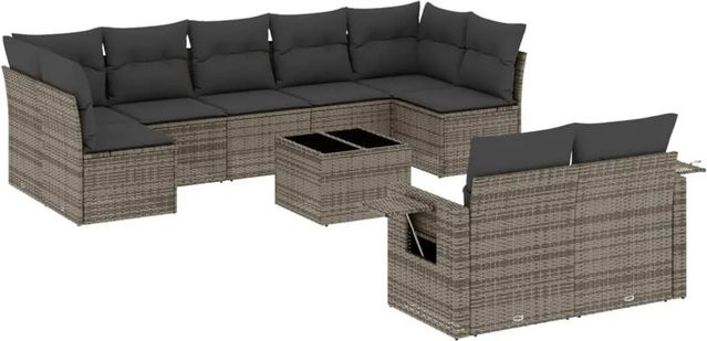 vidaXL 10-tlg. Garten-Sofagarnitur in L-Form aus Polyrattan und Metall mit Kissen in Grau - Bild 1