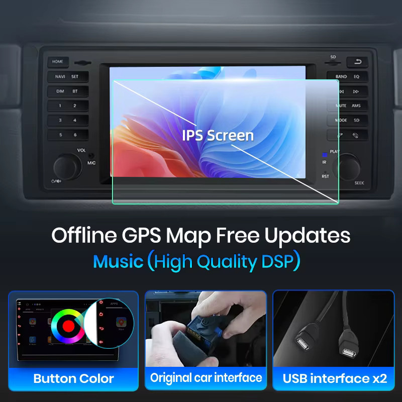 Junsun 7-Zoll Kabelloses CarPlay und Android Auto Autoradio für BMW 5er E39 X5 E53 M5 in Schwarz mit IPS Touchscreen und Multimedia-Funktionen - Bild 4