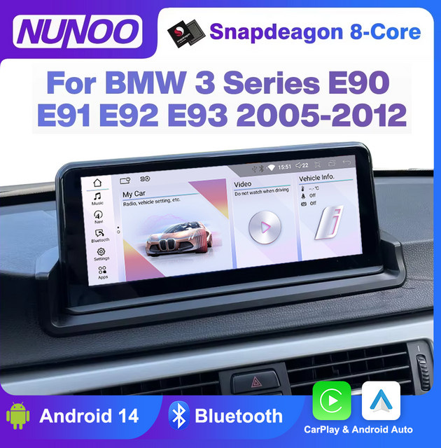 Nunoo Android 14 E90 CarPlay Autoradio mit GPS und WIFI für BMW 3er Serie E90 E91 E92 E93 (2005-2012), Schwarz - Bild 1