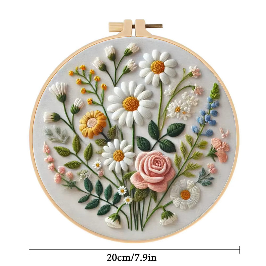 EverShine Blumenstickerei-Set mit Gänseblümchen-Motiv in Multicolour, DIY-Kreuzstich-Set für Anfänger, Durchmesser: 20 cm - Bild 2