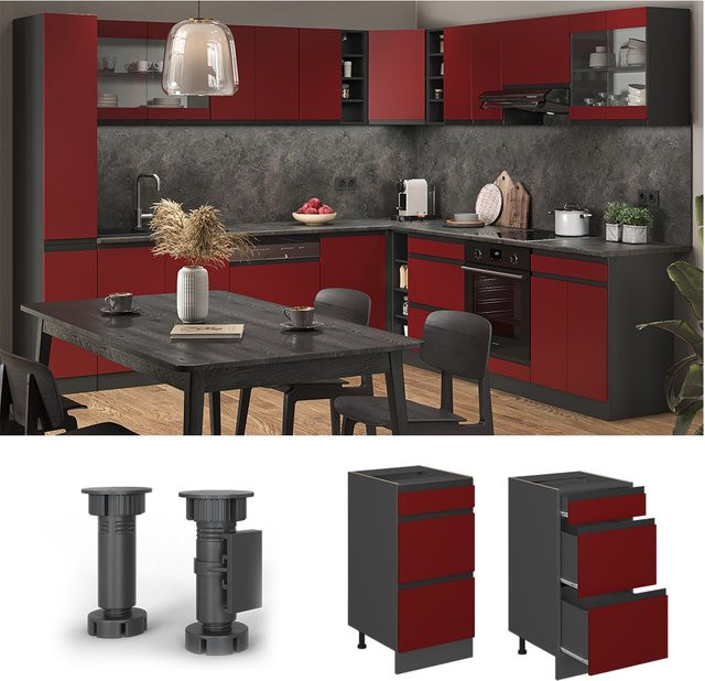 Vicco Küchenunterschrank R-Line J-Shape mit Schubladen in Anthrazit und Rot, Breite: 40 cm - Bild 1