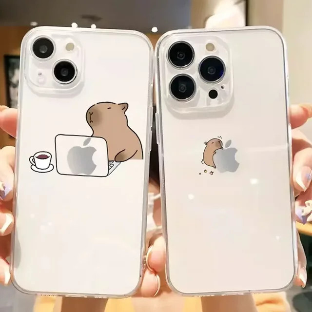 Capybara Cartoon Paar Handyhülle für iPhone 11 bis 17 Pro Max, transparente Silikon-Schutzhülle - Bild 1