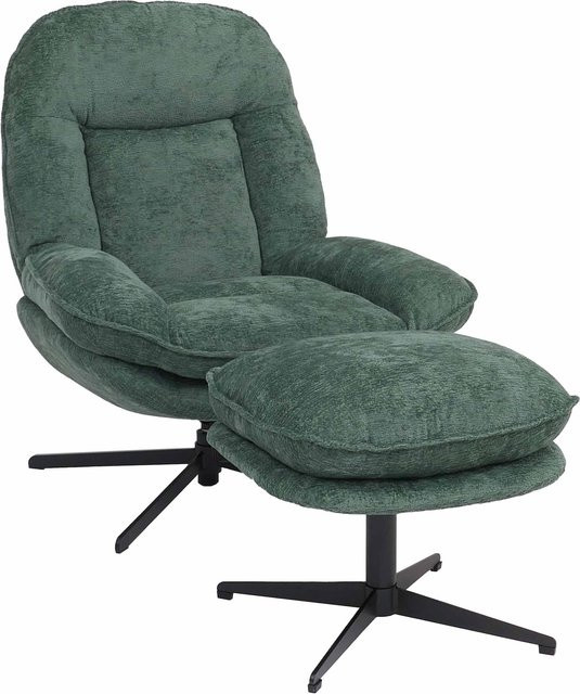 MCW Relaxsessel mit Hocker P32, drehbarer Fernsehsessel mit Nosagfederung aus grünem Chenille-Stoff und Metallgestell - Bild 1