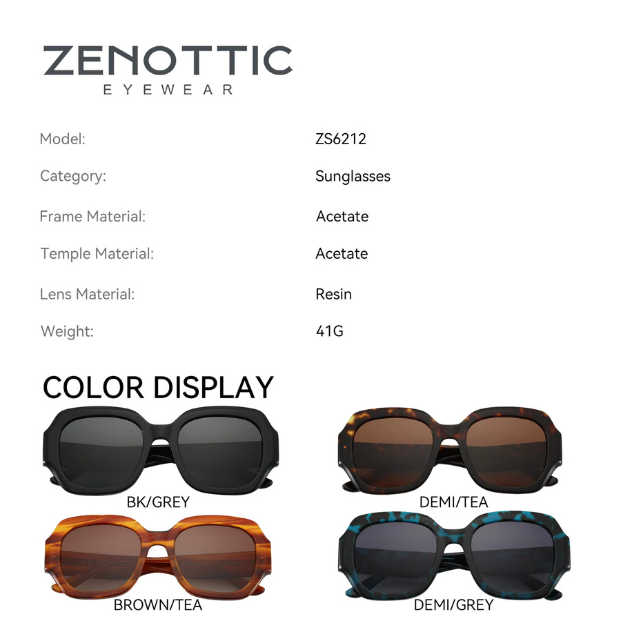 Zenottic ZS6212 Sonnenbrille Hexagonal, Vollrand, Acetat, Schwarz, Damen, polarisiert - Bild 1