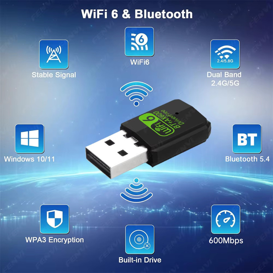 Fenvi 2-in-1 WiFi 6 AX600 und Bluetooth 5.4 Adapter Dual-Band 2,4G/5GHz Netzwerk-Dongle für PC und Laptop in Schwarz - Bild 2