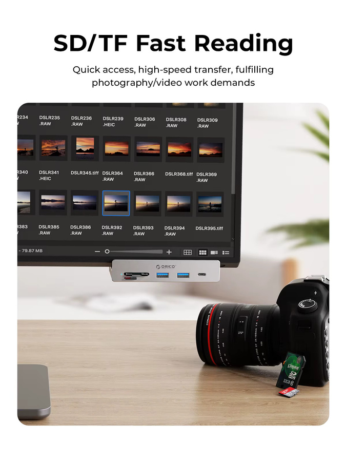 Orico USB 3.2 Hub 6-Port Erweiterung in Silber mit 10 Gbit/s Übertragungsrate, SD- und TF-Kartenslot sowie externer Stromversorgung - Bild 2