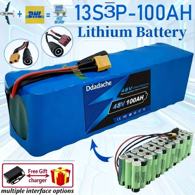 Ddadache Lithium-Ionen-Akku 48V 100Ah 1000W 13S3P in Blau mit BMS und Ladegerät, XT60 Anschluss, passend für 54,6V Scooter - Bild 1