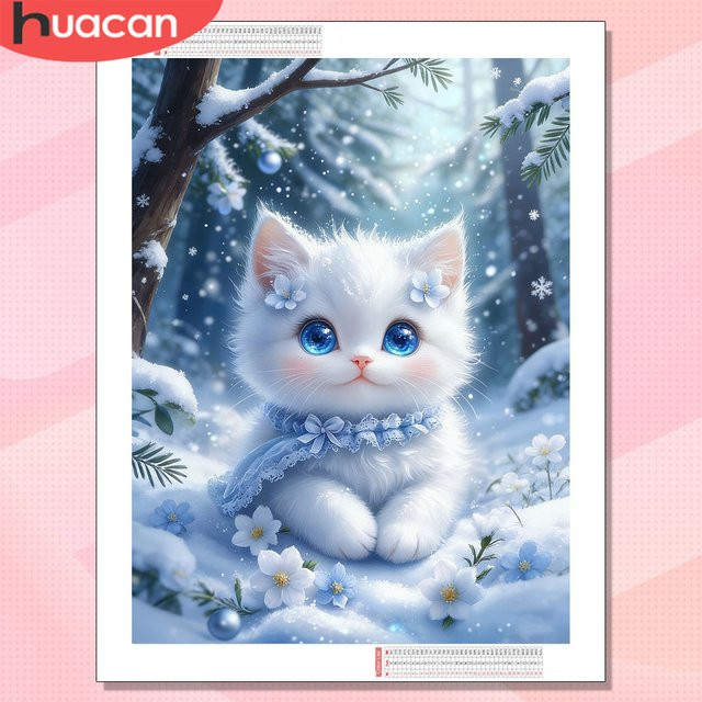 HUACAN Diamantmalerei DIY 5D Mosaik-Set mit Katzen-Motiv in Winter-Optik, Rund, Mehrfarbig, B: 30,0 cm, H: 20,0 cm - Bild 1