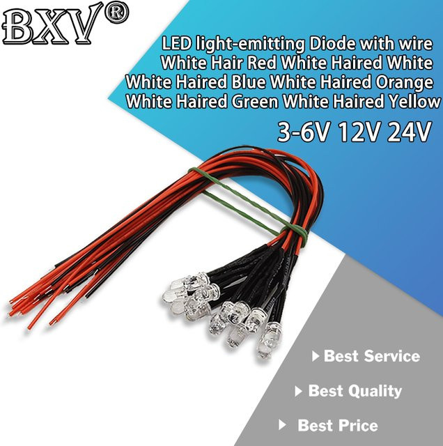 10er Set BXV LED Leuchtdioden mit 20 cm Leitung, 5 mm, verschiedene Farben Weiß, Rot, Grün, Gelb, Blau und Orange, 3-6V 12V 24V - Bild 1