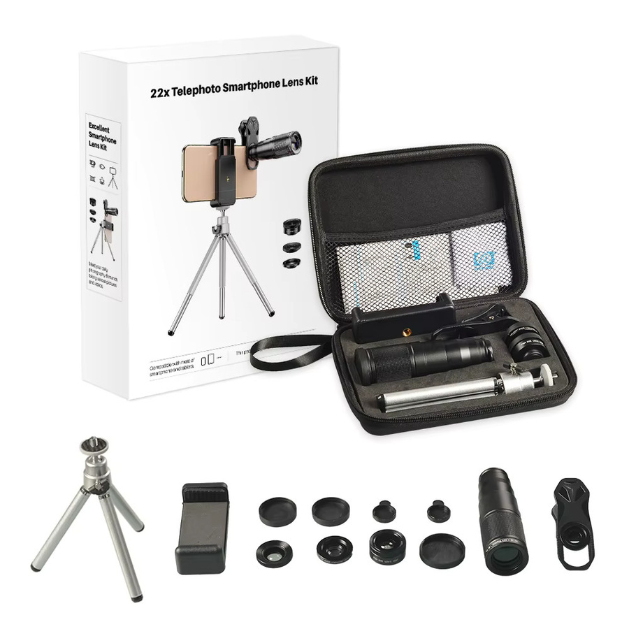 APEXEL 4in1 Kamera Objektiv Kit für iPhone und Samsung mit 22X Teleskop Zoom, Makro, Weitwinkel und Fisheye Objektiven inklusive Stativ und Fernbedienung, Schwarz - Bild 4