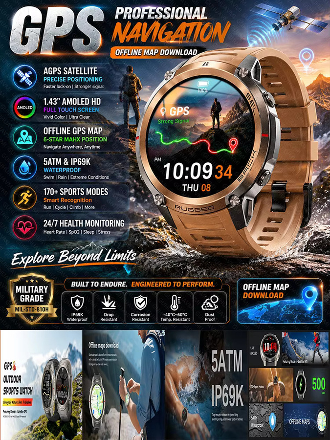 GUHUAVMI Militärische Outdoor GPS Smartwatch mit AMOLED HD Display, Bluetooth Anruf, Kompass und 5ATM Wasserdichtigkeit, Schwarz - Bild 6