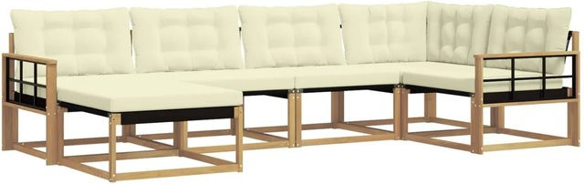 vidaXL Outdoor-Sofagarnitur 6-teilig in L-Form mit Kissen, Weiß und Beige, wetterfestes Akazienholz und Textilene-Bezug - Bild 1