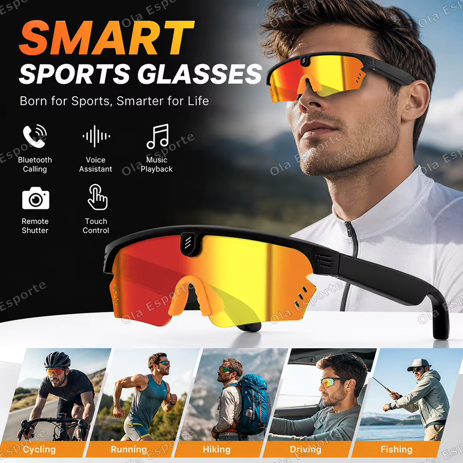 Ola Esporte KI-Smart-Fahrradbrille für Herren mit 4K HD Action-Kamera, Bluetooth-Anruffunktion, Sprachassistent und Musikfunktion, Farbe: Schwarz - Bild 1
