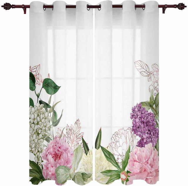 Super Six Hortensien Fenster Vorhang mit Frühlings-Aquarell-Blumen Design, halbtransparent, B: 135 cm, H: 160 cm - Bild 1