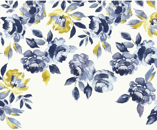 Joules Fototapete Ocean Bloom Crème in Blau Grün Gelb mit floralem Design B: 300 cm, H: 280 cm