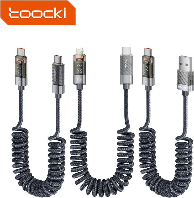 Toocki USB Typ C Spiralkabel mit Digitalanzeige, 100 W Schnellladekabel für Laptops und Mobiltelefone, Grau - Bild 1