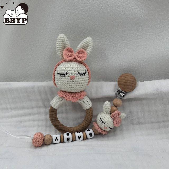 Schnullerkette Kinder, Häkeln Kaninchen, Perlen, Holzklammern, Beißring - Bild 1
