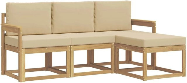 vidaXL Outdoor-Sofagarnitur 4-teilig aus Akazienholz in Beige und Weiß mit L-Form und Polstern - Bild 1