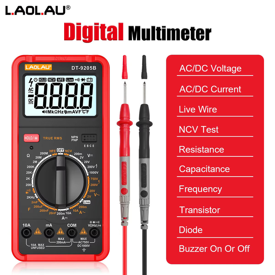LAOLAU Professionelles Digitalmultimeter DT-9205B mit 2000 Zählungen, manueller Bereich, AC/DC-Spannung bis 1000 V, 10 A und NCV-Funktion - Bild 3