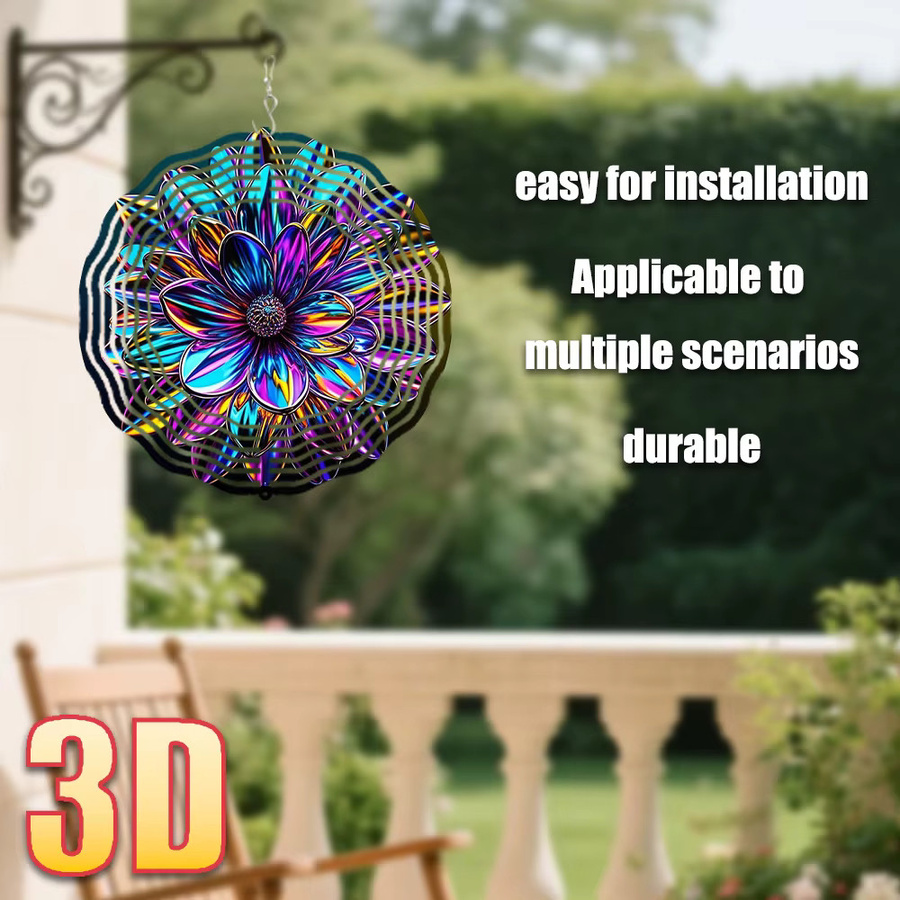 CIFBUY 3D Metall-Blumen-Windspiel für den Garten, Regenbogen Windspinner mit Drehhaken, Durchmesser: 25,4 cm, Farbe: Multicolour - Bild 6
