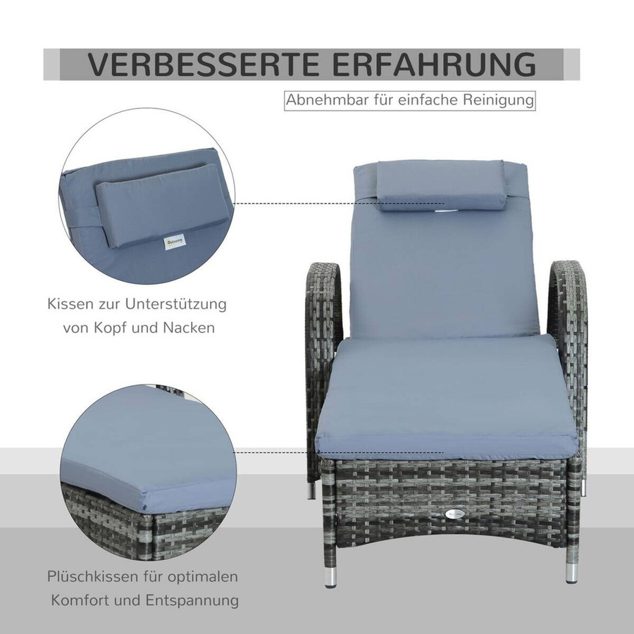 Outsunny Sonnenliege aus Polyrattan und Metall in Grau und Blau mit Rollen, B/T/H: 73 x 200 x 72-103 cm - Bild 2