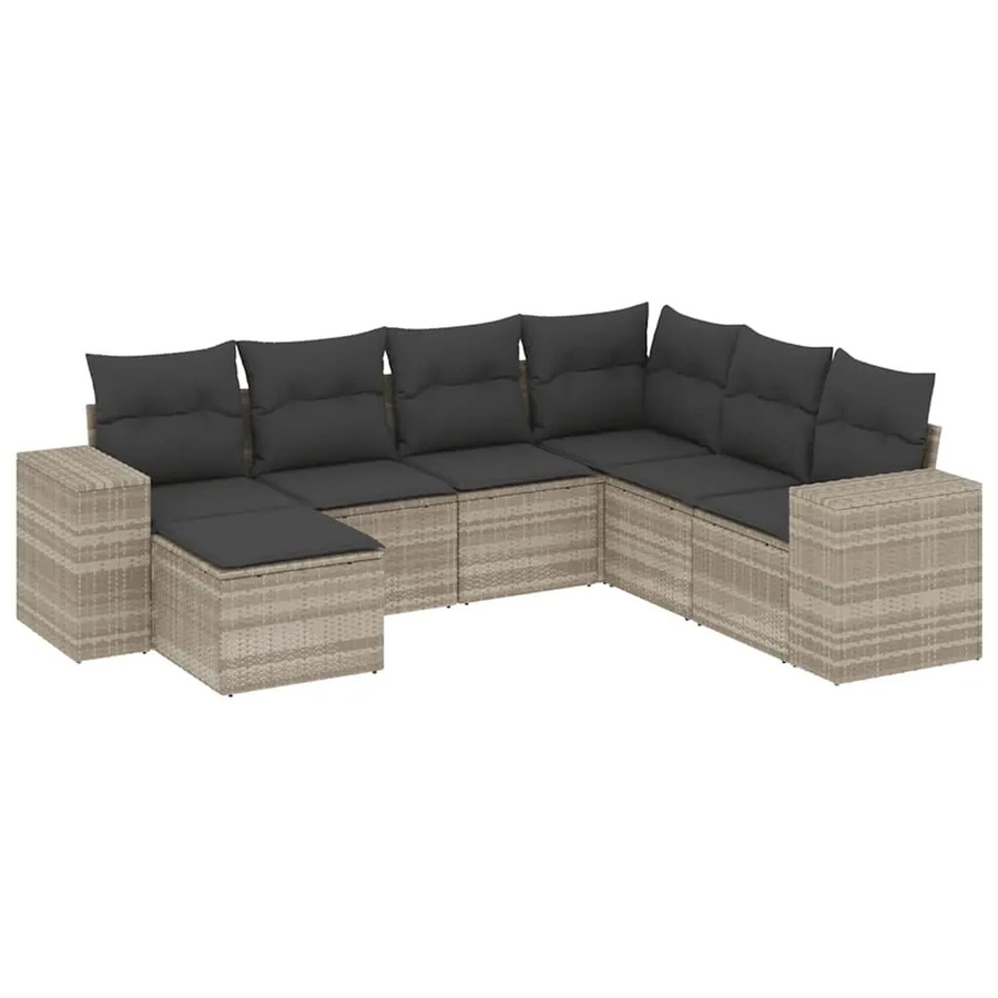 vidaXL 7-teilige Garten-Sofagarnitur in L-Form mit Kissen, Hellgrau, Poly Rattan und Metallrahmen - Bild 2