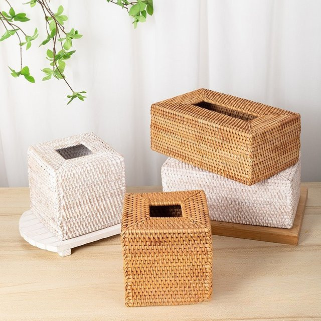 Handgewebte Rattan-Taschentuchbox aus Bambus in Weiß als dekorativer Schreibtisch-Organizer - Bild 1