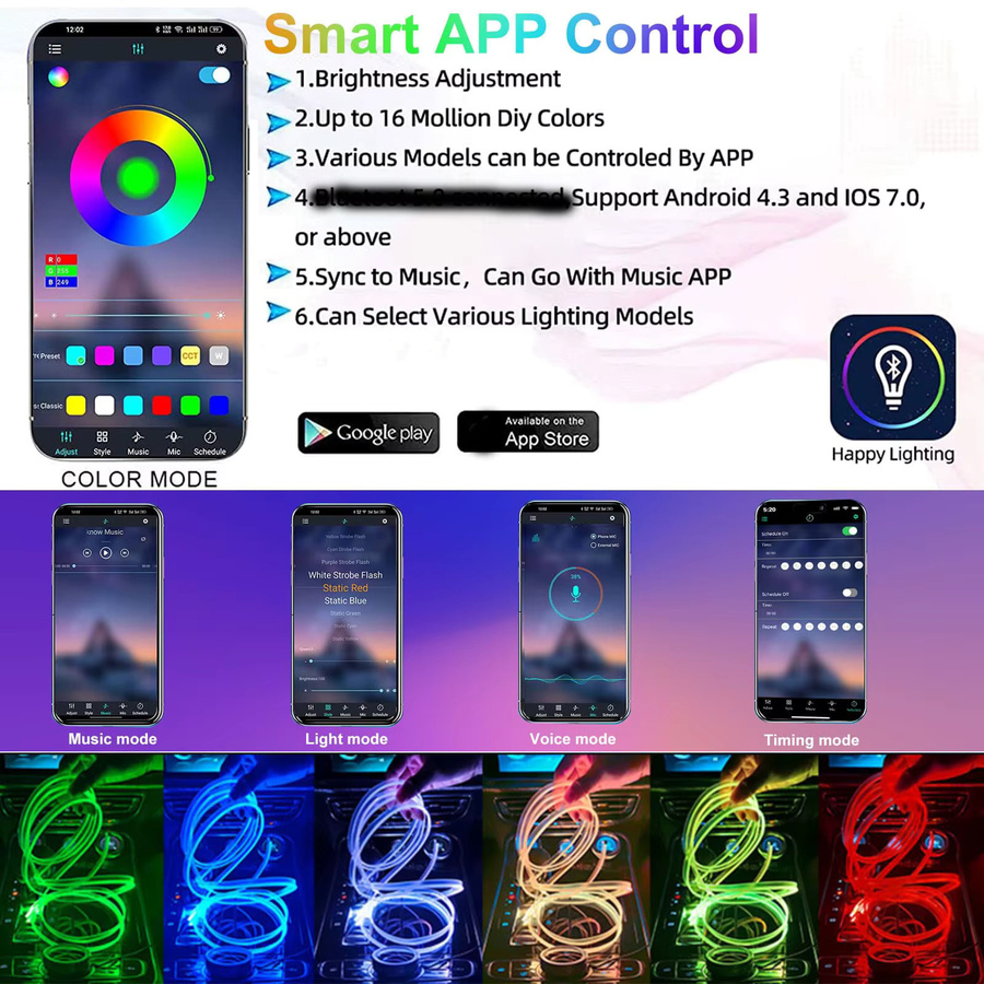 AnautosL Neon Flex RGB LED Streifenlicht 12V mit App-Fernbedienung, Multicolour Ambiente-Lichter für dein Auto - Bild 4