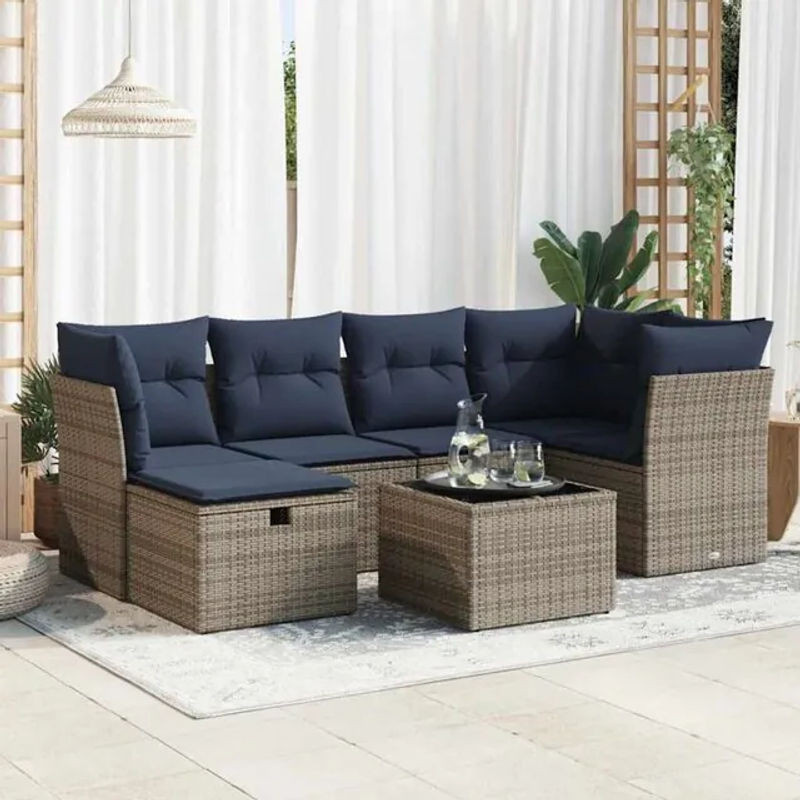 7-teilige moderne Garten-Sofagarnitur aus Poly-Rattan mit Kissen in Grau von vidaxl - Bild 1
