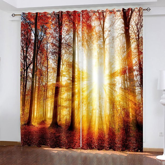 Tonnika Chen Blackout Vorhang mit Ahornblatt Herbstlandschaft Motiv, 2er-Set, Polyester, Mehrfarbig, B: 100 cm, H: 130 cm - Bild 1