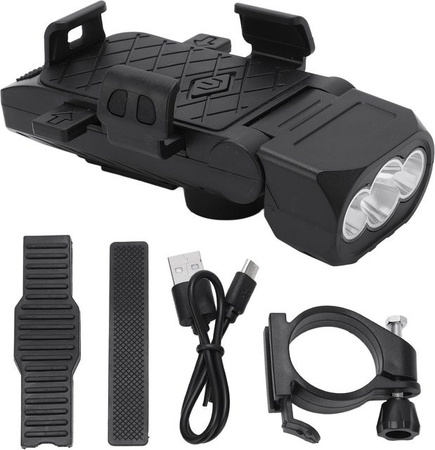 TOMTOP 4 in 1 Multifunktionales Fahrradlicht Set mit Powerbank, Hupe und Handyhalterung in Schwarz mit USB-C Anschluss