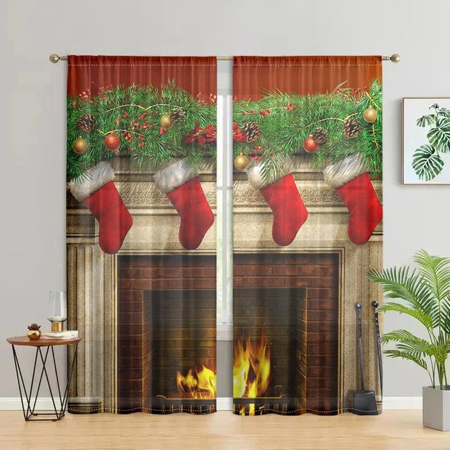 2er-Set Weihnachtsstrümpfe Kamingardinen in Braun, halbtransparent mit Grafikdesign, B: 150 cm, H: 166 cm - Bild 1
