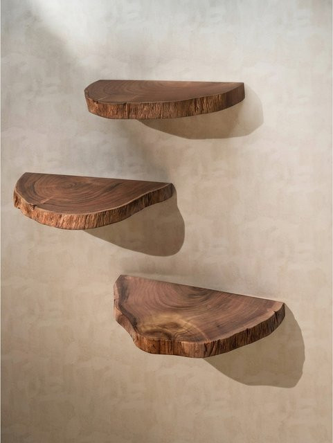 KADIMA DESIGN Wandregal 3er Set aus Akazie Massivholz in Braun mit Baumkante im modernen Stil - Bild 1