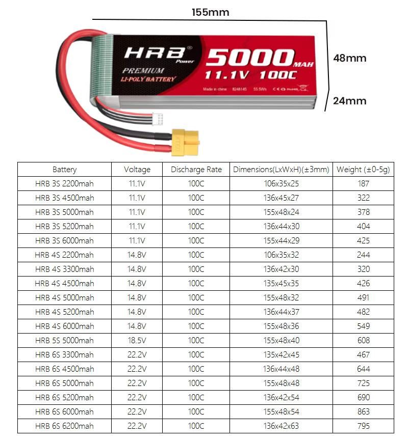 HRB Lipo-Akku 5000mAh mit XT60 Anschluss für RC Quadcopter, Hubschrauber, Boot, Auto und Flugzeug - Bild 2