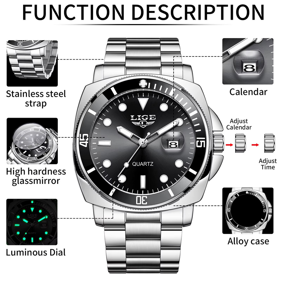 LIGE Armbanduhr Edelstahl, Quarz, Datum, Herren, Schwarz, Silber - Bild 3