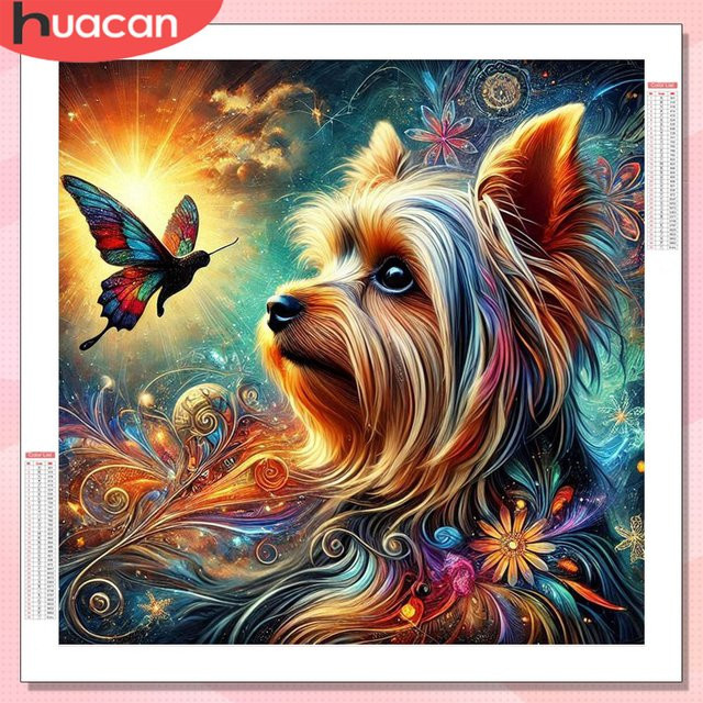 HUACAN 5D Diamant Mosaik Set mit Hund und Schmetterling, Rundes Stickerei Wandbild in Mehrfarbig mit Vollplatz-Bohrern - Bild 1