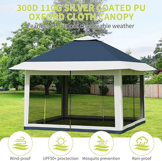 HiMISS Outdoor-Pavillon mit Doppeldach, Gartenpavillon mit Netz und Vorhängen für Terrasse und Garten, B/T/H: 366 x 366 x 198 cm - Bild 4