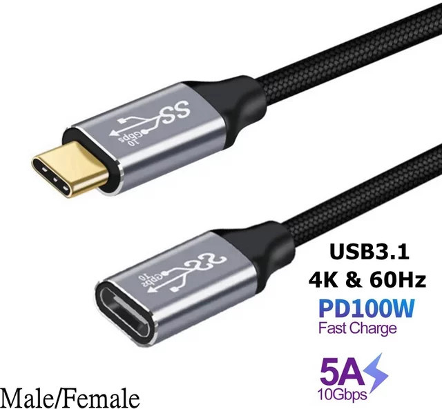 BSN Gen2 USB-C Verlängerungskabel Typ-C 3.1 Stecker-zu-Buchse, 100W, 5A, Schwarz - Bild 1